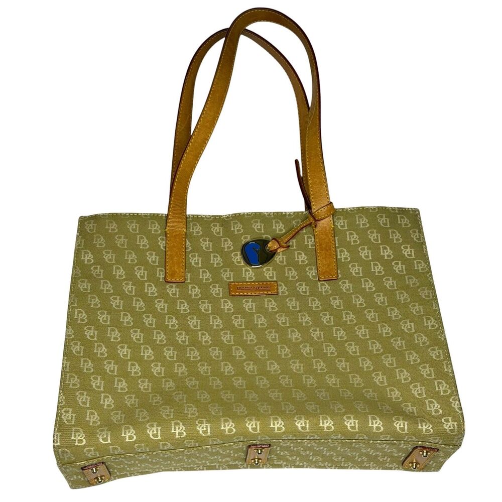 Dooney & Bourke East West Tote Purse Bag Satchel Logo Leather Trim Tan